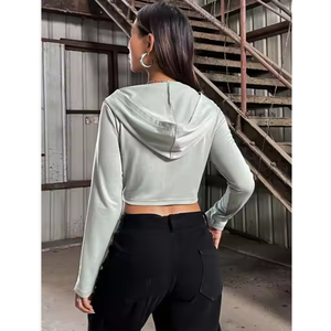 Top corto de gran tamaño para mujer, sudaderas con capucha personalizadas de alta calidad, gris sólido, Otoño, manga larga, ropa de mujer transpirable de BD - Product Image 2