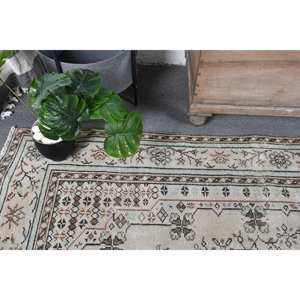 Vintage 4x9ft Beige <b>Brown</b> <b>Wool</b> Rug Handmade Classic Turkish Rectangle Rugs with Patchwork Pattern Latex Backing for Bedside - Product Image 5