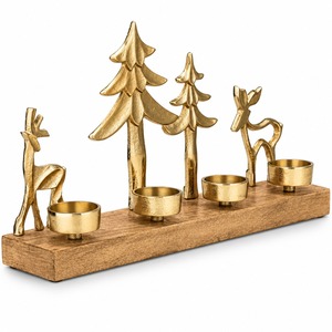 Portavelas Navideño de Madera, Soporte Dorado de Latón con Forma de Árbol y Reno, Contenedor para Velas de Té, Decoración Navideña para Mesa, Centro de Mesa - Product Image 1