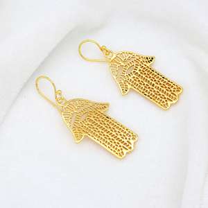 Boucles d'oreilles pendantes en laiton plaqué or 18 carats, motif œil protecteur Hamza, bijoux tribaux religieux en gros pour femmes - Product Image 3