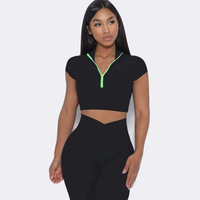 Nouveau femmes sans couture Yoga costume hanche-levage Yoga pantalon sport soutien-gorge ensemble deux vêtements une épaule soutien-gorge fermeture éclair à manches courtes