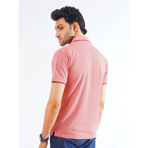 Men's Solid Color Short Sleeve Polo <b>Shirt</b> Cotton Pique Casual Wear Pink with Yellow Trim Collar and Cuffs - Product Image 2
