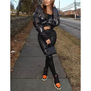 <b>Women</b> Cropped Puffer <b>Jacket</b> Winter Shiny Zip-Up Short Bubble Puffy Coat <b>Lightweight</b> Warm Outerwear High Collar Elastic Hem - Product Image 2