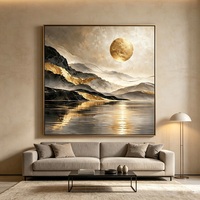 Peinture sur toile abstraite de luxe avec paysage de montagne et lac, dorure à la feuille d'or, noir et beige, à suspendre, couleur de cadre personnalisable pour