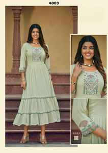 Dernière tenue de créateur traditionnelle indienne à la mode Style moderne rayonne longue Kurti avec fil et travail à la main en gros usine - Product Image 2