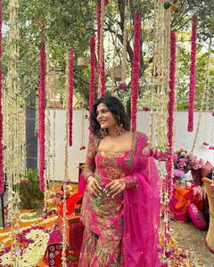 Heavy Embroidery Sequence Work Women Set Chinon <b>Silk</b> Heavy Sequence Embroidery & Print Top and Sharara With Fancy Design Dupatta - Product Image 2
