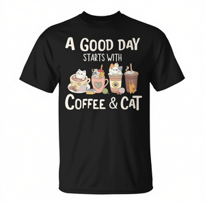 Camiseta promocional con estampado de gato y café: El día bueno comienza con café y gatos - Product Image 2