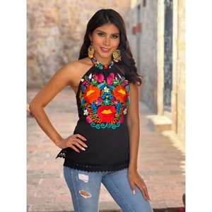 Blusa Étnica Boho sin Mangas con Cuello Halter y Bordado Floral para Mujer, Top Informal de Verano de Algodón - Product Image 1