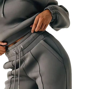 Personnalisé Vente Chaude Solide Pull Survêtements Détresse Patch Soleil Délavé À Capuche Pantalon De Survêtement Ensemble Évasé Boxy Survêtements Femmes 100% - Product Image 5