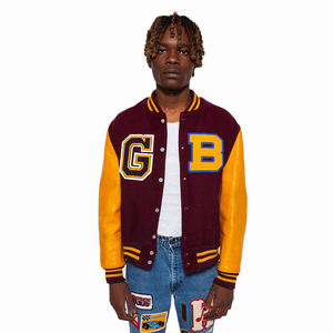 Comfortable and Durable Man Varsity Jackets with <b>Yellow</b> Leather Sleeves Stand Collar Long Length Thin Coated Letterman Jackets - Product Image 1
