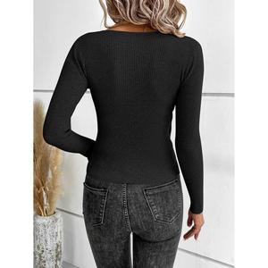 Suéter informal de punto acanalado para mujer con cuello en V profundo y detalle de botones - Product Image 6
