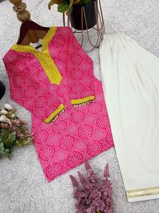 Ceremonias Mehendi, fiestas de Diwali, desgaste completamente Stitch listo para usar Color brillante cuello en V bordado Kurti y conjunto inferior para mujeres - Product Image 5