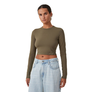 ปากีสถานผลิตผู้หญิงฮีเธอร์สีเขียวแขนยาวสลิมฟิตเสื้อครอปสําหรับขายผู้หญิงOคอระบายอากาศเสื้อยืด - Product Image 1