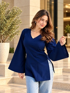Women’s Solid Navy Blue V Neck Bell Sleeve Tunic <b>Top</b> – Wholesale Casual Fashion Blouse v-Neck <b>Dress</b> Woven Polyester Rayon - Product Image 4