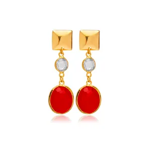 Ruby thạch anh hình dạng hình bầu dục đá hình vuông đồng bằng đồ trang sức 22K vàng bezel Stud 925 Sterling bạc bông tai