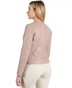 Womens Real <b>Pink</b> Leather <b>Jacket</b> Collarless Round Neck Zip Front Sheepskin Biker Coat Custom Blush Nude Formal Outerwear - Product Image 4