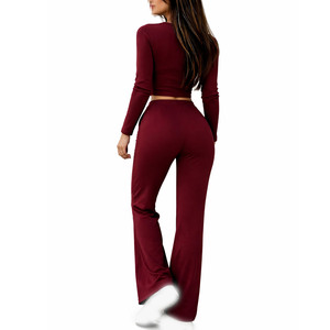 Conjunto Deportivo para Mujer, Top Corto de Manga Larga Acanalado con Pantalones Ajustados con Cordón, Ropa Deportiva al por Mayor - Product Image 2