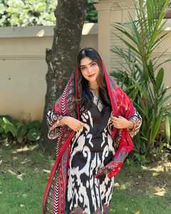 Algodón musulmán recto estampado para mujer con impresión Digital con trabajo de bordado espejo Real trabajo hecho a mano con mangas completas y parte inferior - Product Image 3