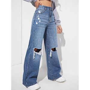 <b>Funky</b> Stylish Modern Denim Blue Womens Straight Leg High Waist Eco Friendly Breathable 100% Cotton Loose Fit Vintage Summer - Product Image 3
