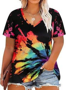 T-shirt décontracté violet tie-dyed dégradé surdimensionné demi-manches pour femmes en coton doux col rond conception d'épaule tombante pour le quotidien - Product Image 5