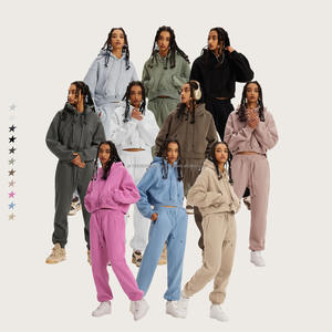 Conjunto Deportivo de Invierno para Mujer, 345 GSM, Felpa, Cortavientos, Abrigado, Estilo Corto, Algodón, Holgado, Informal, Vintage - Product Image 1