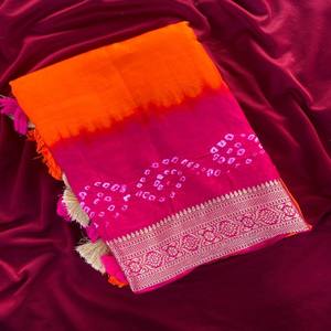 VASTRA COTTAGE Pure Viscose Dola Silk Saree with Tie Dye Bandhani All Over Aari Mirror Work and Rich Gold Zari Woven Pallu - Product Image 4