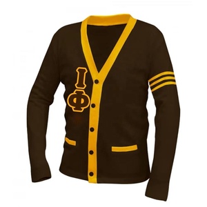 OEM/ODM Fraternité grecque | Iota Phi |   Cardigan en velours d'hiver pour femme, col en V, en acrylique tricoté, couleur marron doré, avec logo brodé - Product Image 6