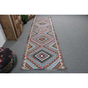 Alfombra de 3.2x10.7 pies, Alfombra Turca Vintage, Alfombra de Lana Herki Azul - Product Image 1