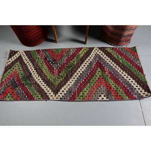 Tapis Vintage en Laine Kilim 2.2X5.6 pieds Vert Vert Patchwork Design pour Salon Décor Rectangle Motifs Abstraits Support en Latex - Product Image 3