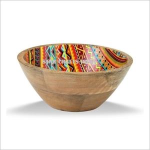 Nouveauté 2024 bois d'acacia de haute qualité avec impression d'émail floral noir bol à salade design bol de service en bois bol de forme ronde - Product Image 4