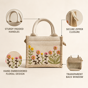 Sac fourre-tout mini en coton brodé motif prairie florale, 7,5 x 6 x 4 pouces, avec fermeture éclair et fenêtre arrière transparente - Product Image 4