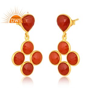 ต่างหูอัญมณีโอนิกซ์สีแดงธรรมชาติชุบทอง18K ดีไซน์ล่าสุดต่างหูห้อยอัญมณี - Product Image 2