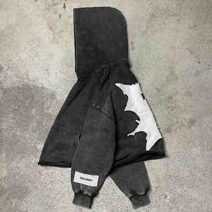 Pull à capuche court vintage délavé à l'acide pour homme Logo personnalisé brodé Patchwork en détresse 100% coton sans ficelles coupe printemps - Product Image 3