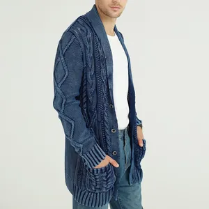 OEM LOGOTIPO Personalizado Hombres Chunky 100% Algodón Largo Cable Knit Cardigan Suéter Desgastado Ropa de Invierno Bolsillos Delanteros Para Hombre