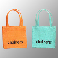 Mini Bolsa De yute colorida con asas largas, Impresión de logotipo personalizado, pequeña Promoción de compras de yute, bolsas de regalo, bolsa de compras de joyería cosmética