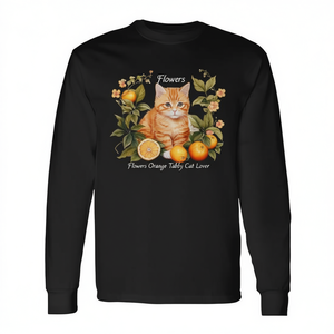 T-shirt promozionale a maniche lunghe per amanti dei gatti tabby arancioni con fiori - Product Image 2