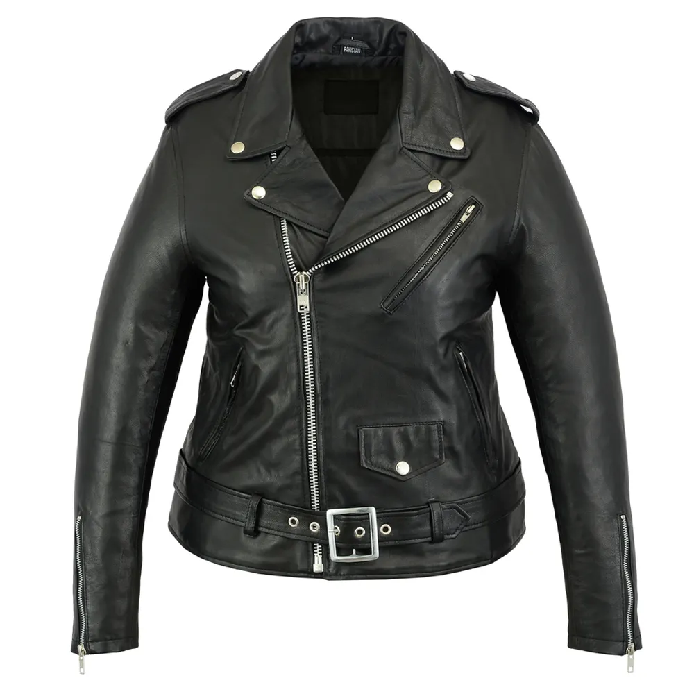 Lightweight Full Leather 3 Zipped Half Belt Down Collar Black Satin Women Leather Jacket
