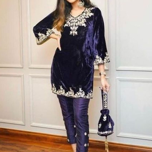Best Elegant Embroidery Purple Velvet Kurta Pant Dress Indian Pakistani Style for Party Wear Lace Button Decoration Natural - Product Image 1