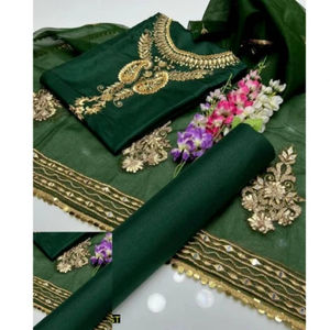 Ensemble de fête 3 pièces brodé pakistanais élégant et de haute qualité pour femme, en coton de soie non cousu, comprenant chemise, dupatta et pantalon - Product Image 5