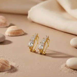 ต่างหูคริสตัลแฟชั่นสำหรับผู้หญิง ชุบทอง ประดับเพชรคิวบิกเซอร์โคเนีย แบบหนีบหู - Product Image 2