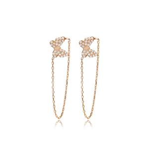 Butterfly Design CZ <b>Silver</b> <b>Stud</b> <b>Earrings</b> Chain Wholesale Handmade Trendy 925 Sterling <b>Silver</b> Turkish Jewelry - Product Image 5