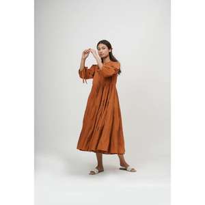 Women Solid for Brown Cotton Tiered Floor-Length Gothic Floral Paisley Casual <b>Loose</b> Fit Ethnic Summer <b>Dress</b> - Product Image 3