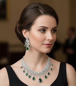 Luxurious emerald royale teardrop necklace & earrings <b>set</b> made of premium emerald <b>green</b> teardrop cut stones - Product Image 1