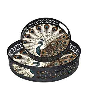 Ensemble de 2 plateaux de service en fer émaillé découpé au laser Pichwai à motif paon, prix bas, plateau à fleurs, décoration, cadeau - Product Image 1