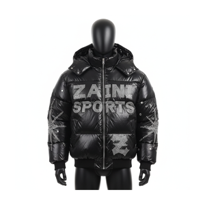 Chaqueta acolchada de lujo, tela de nailon suave, acabado negro brillante, adornado con diamantes de imitación, chaqueta acolchada con bordado de logotipo personalizado para hombre - Product Image 1