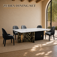 Ensemble de table à manger ronde moderne de luxe avec plateau en marbre, 8 places, base à motif zèbre avec chaises rembourrées pour hôtel, restaurant