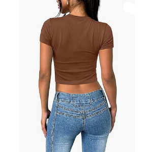 Top d'été pour femmes Slim Fit Crop Top Short Sleeve Crew Neck Solid Color T-Shirts Breathable Bow Collar Wholesale Bangladesh Offre Spéciale - Product Image 4