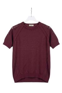 Venta al por mayor del fabricante: Top de punto de manga corta para mujer, color ciruela, cuello redondo, de algodón y acrílico, para verano, con detalle de hombros calados. - Product Image 3