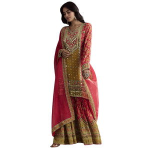 Venta al por mayor de parches de cuero rosa Coral brillante Kurta Sharara con Organza Dupatta ropa de fiesta festiva recepción de bodas pedidos personalizados - Product Image 4