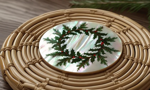 Handmade Round Rattan <b>and</b> <b>Mother</b> of Pearl Coasters with Christmas Tree <b>and</b> Wreath Design for Winter Party, Table Decor or <b>Gift</b> - Product Image 2